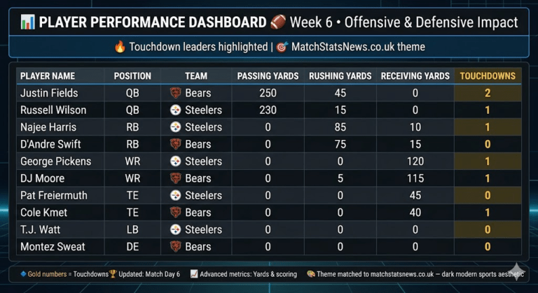 Pittsburgh Steelers vs Chicago Bears Match Player Stats