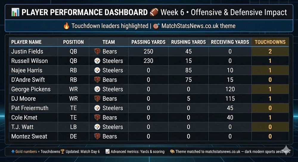 Pittsburgh Steelers vs Chicago Bears Match Player Stats