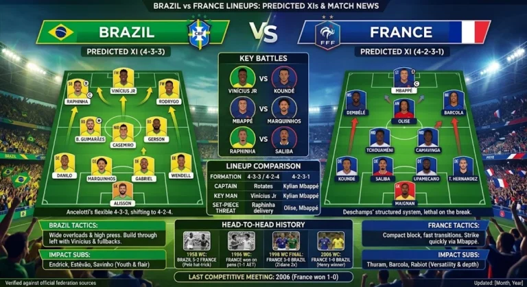 Brazil National Football Team vs France National Football Team Lineups
